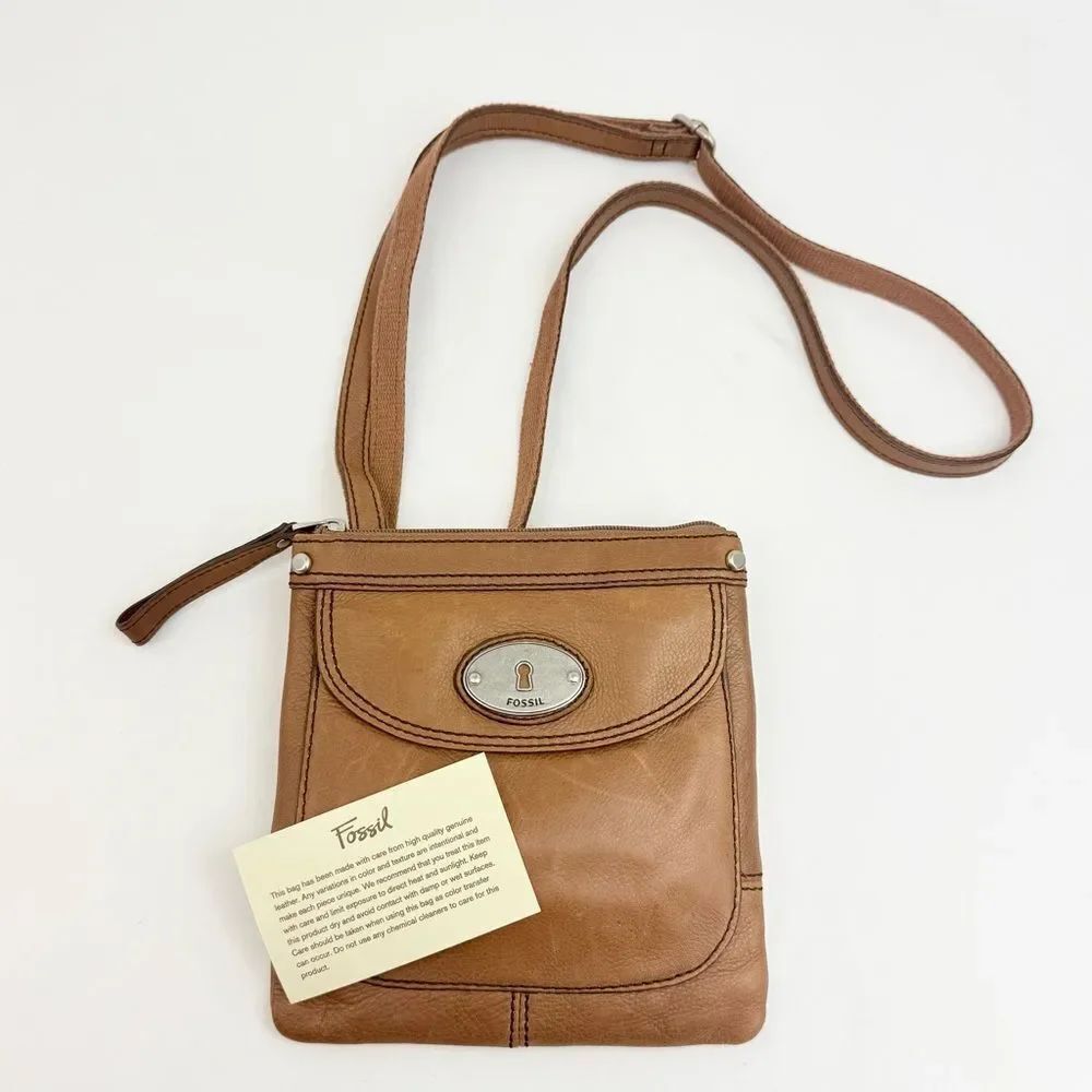 Fossil MADDOX Brown Saddle Leather Pocket Front Adjustable Mini Crossbody Bag